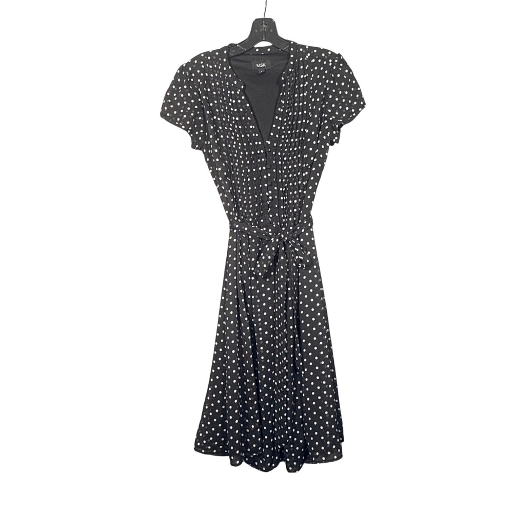 MSK Polka Dot Pintuck Black White Pleated Midi Dress Womens Size 6 Belted